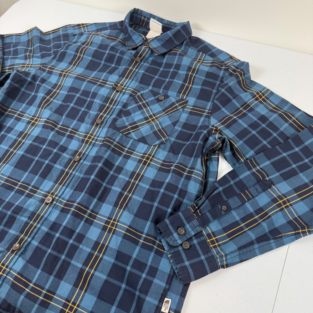 The North Face Mens Blue Yellow Plaid Long Sleeve Button Down Flannel Shirt L